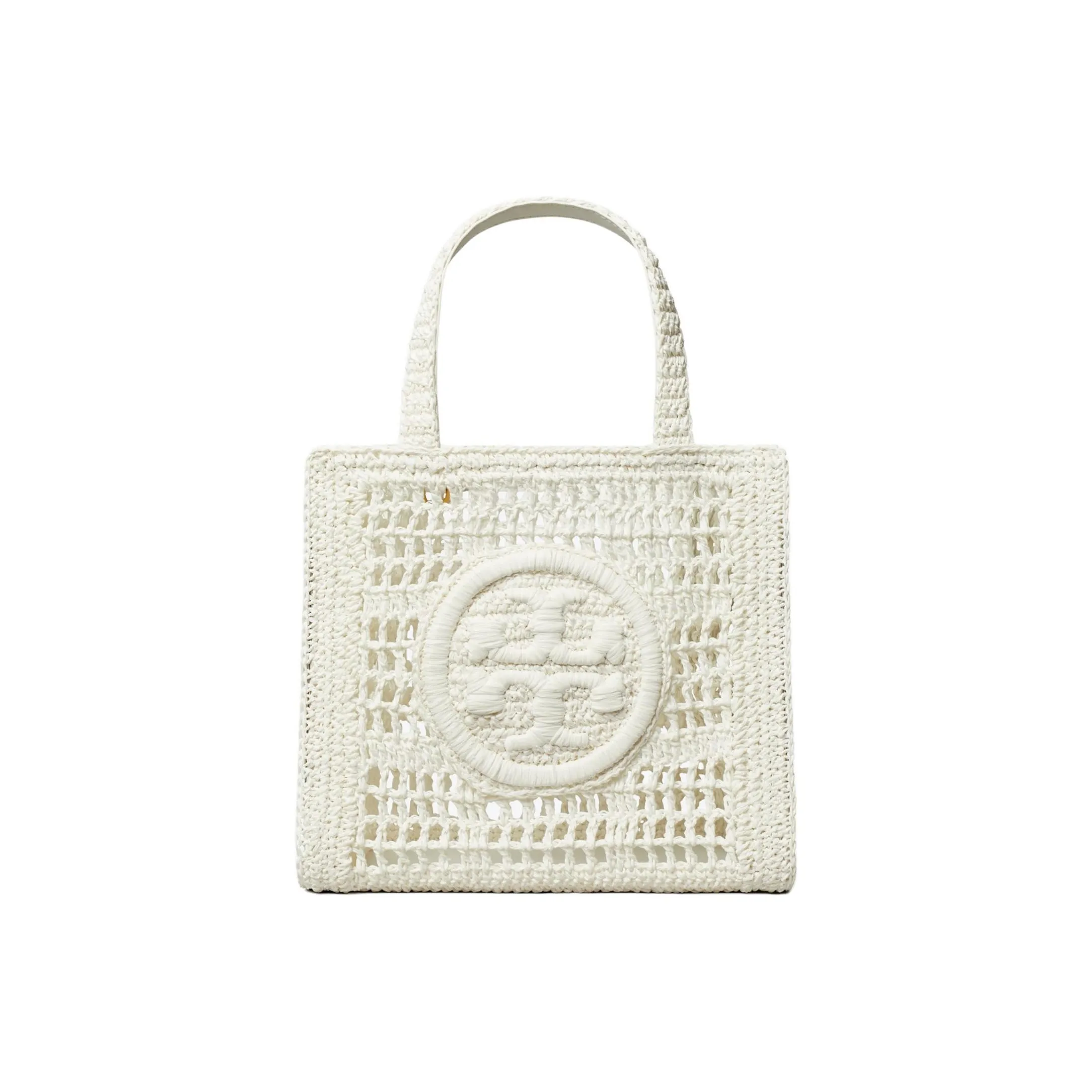 TORY BURCH Ella Raffia Paper Artificial Leather Trim Tote Bag, Shopping Bag, Handbag Mini Women's White