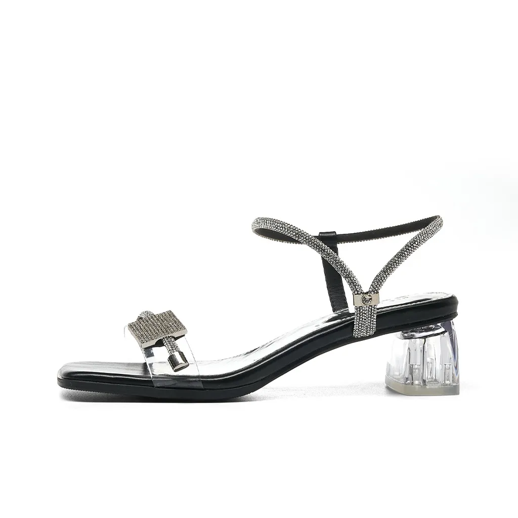 HLA Fashionable Chunky Heel One Strap Sandals With Transparent Rhinestones High Heels Women's