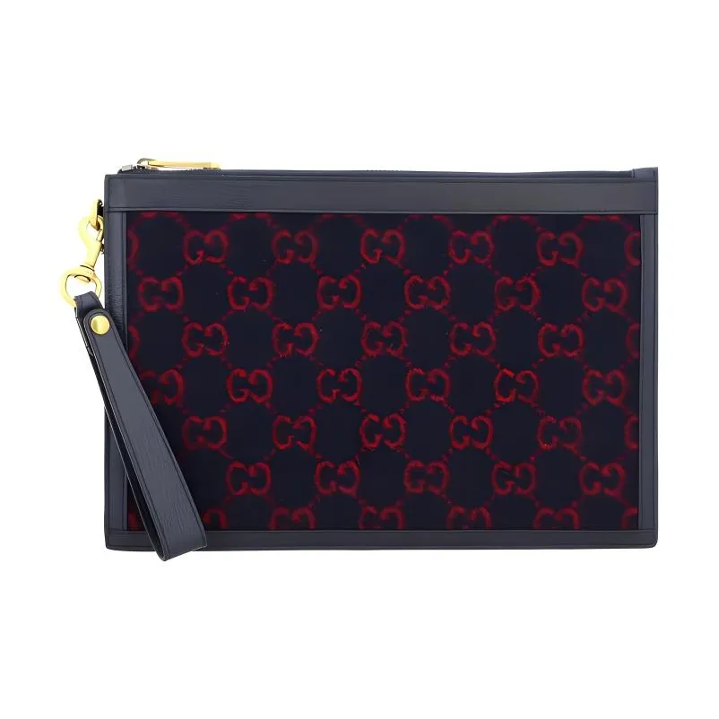 GUCCI Wool Leather Wristlet Bag Clutch Unisex Dark Blue/Red