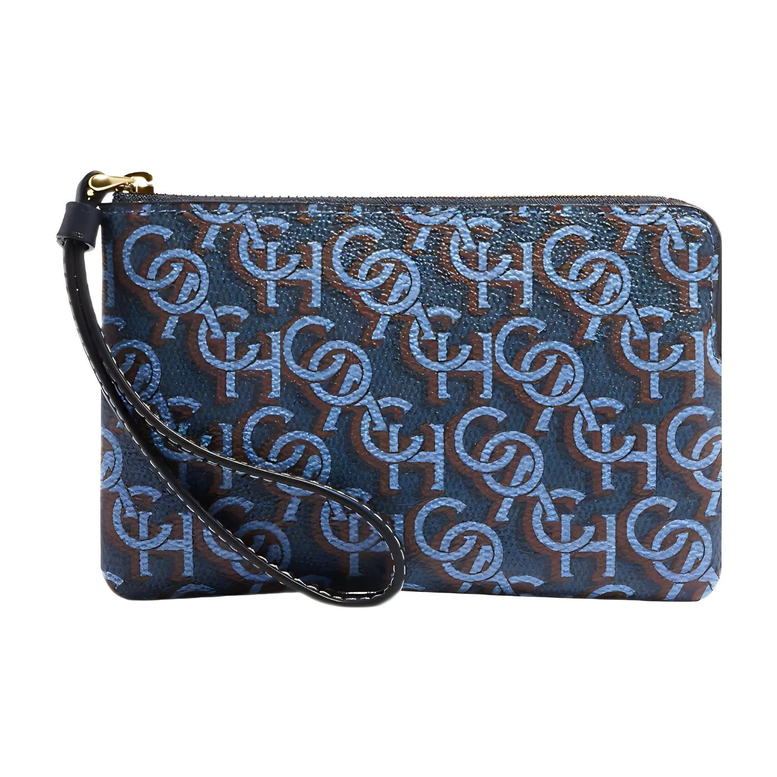 COACH Corner Zip Canvas With Leather Wrist Bag Clutch Trumpets Women's Marine Blue