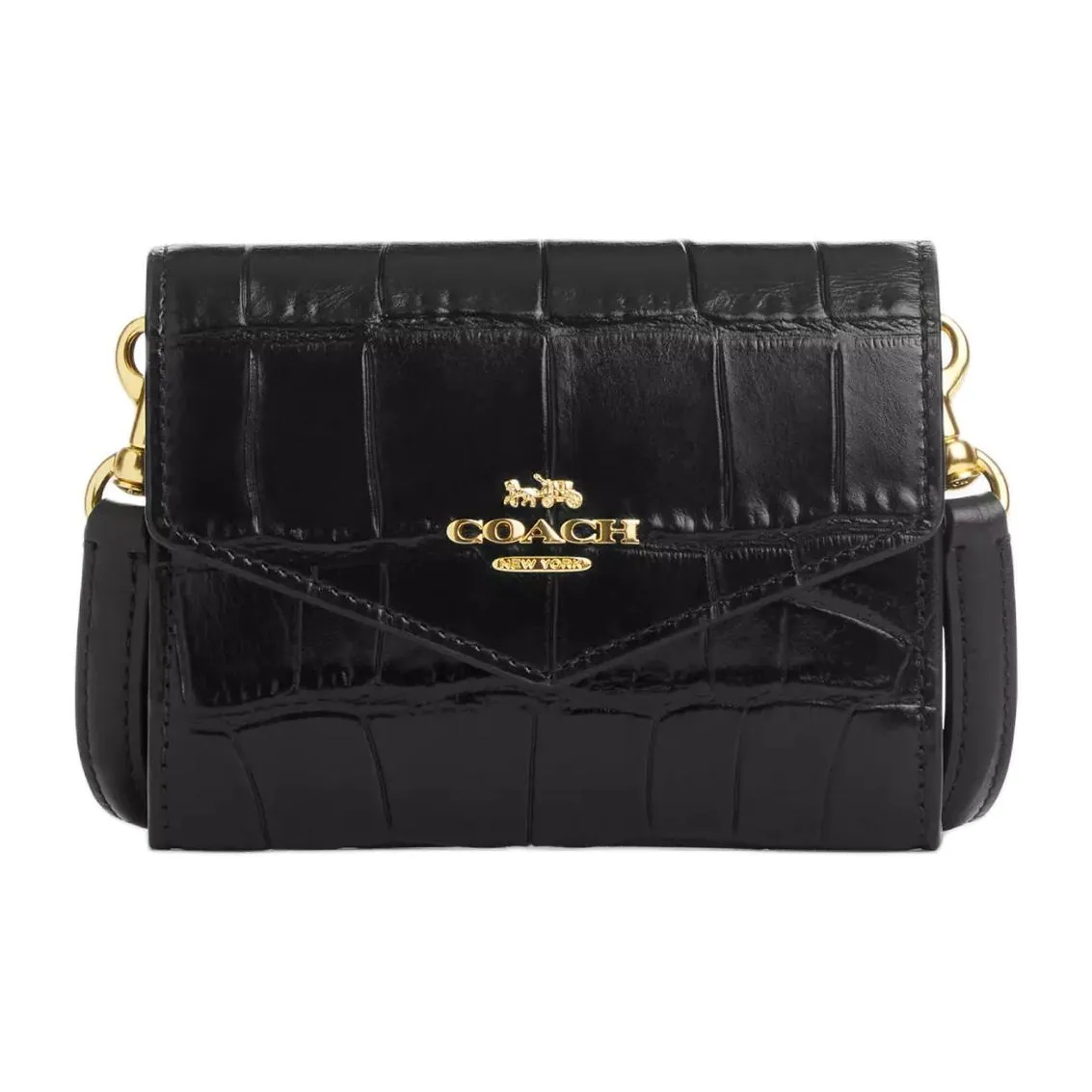 COACH Envelope Crocodile Embossed Leather Envelope Wallet Mini Women's Gold & Black
