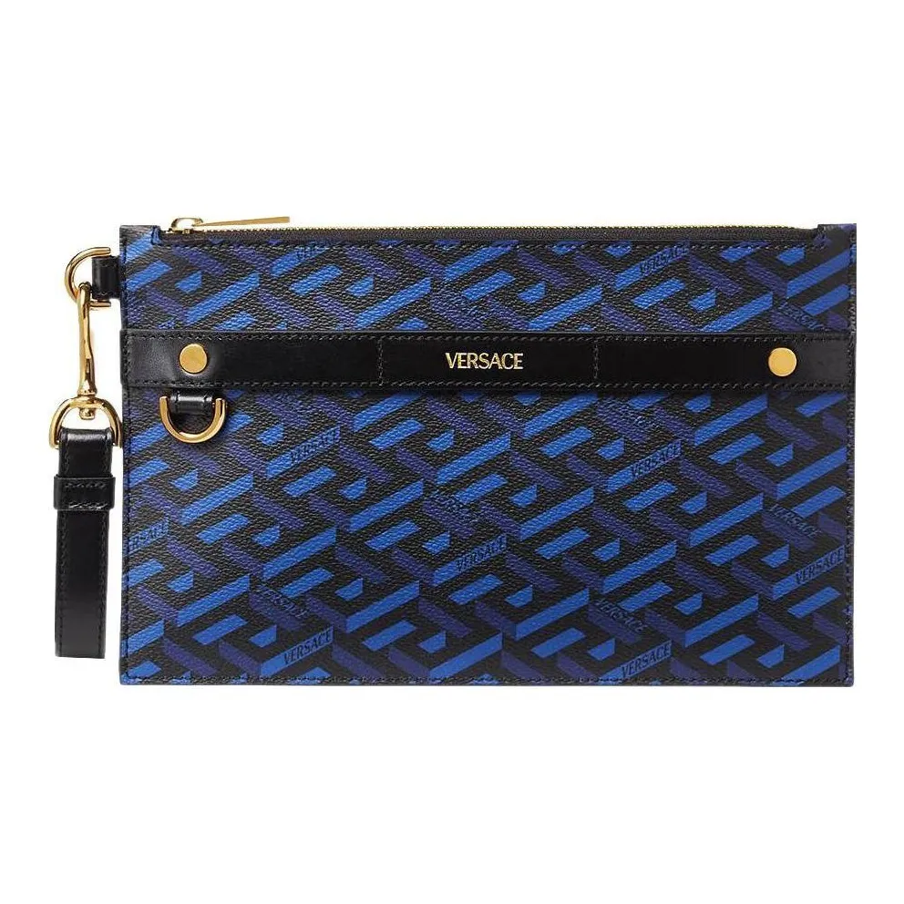 VERSACE Grained Calfskin Clutch Medium Size Men's Blue