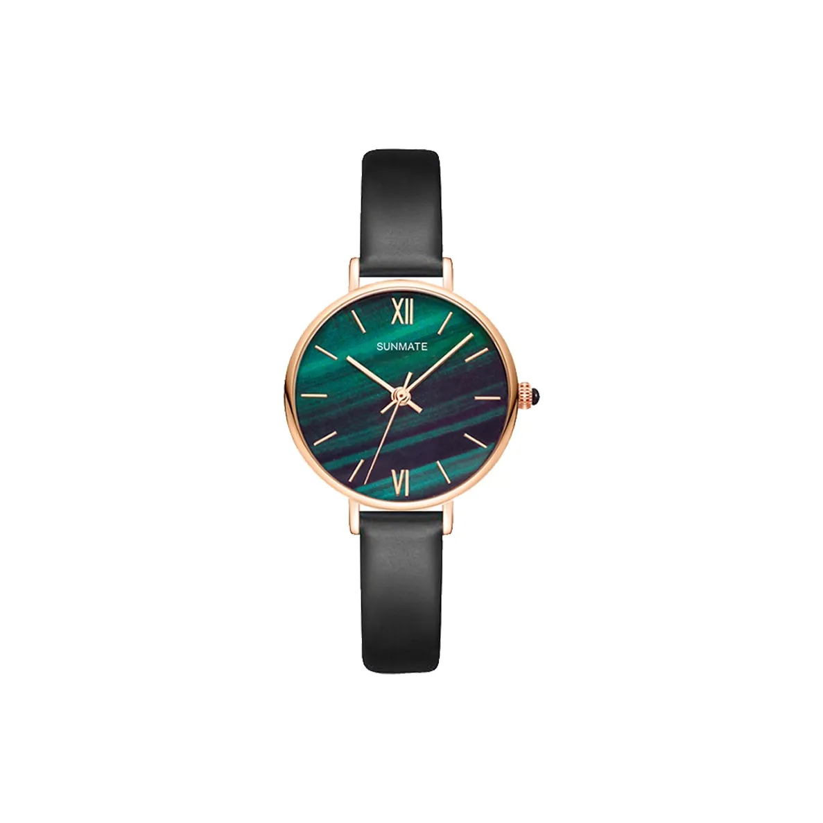 SUNMATE Павлиний Зеленый Маленький Круглый Часы Кварцевый Механизм Естественная Кожа Ремешок Часы Женские Часы Зеленый Циферблат