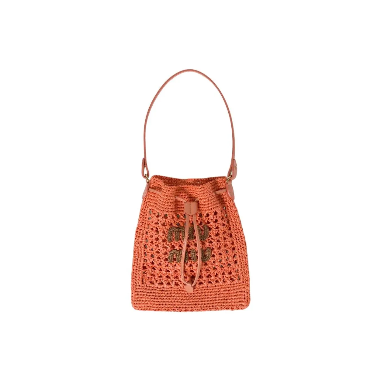 MIU MIU Woven Fabric With Leather Bucket Bag, One Shoulder Handbag Mini Women's Tulip With Cognac