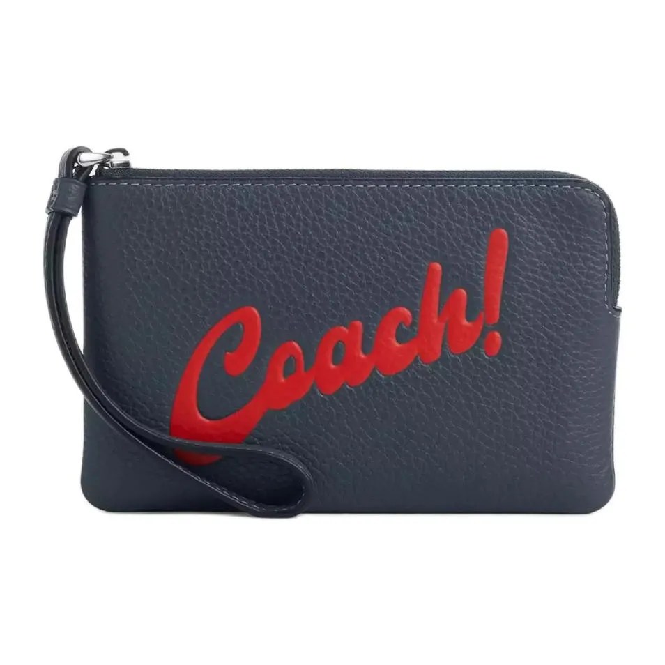 COACH Corner Zip Утонченный Pebble Pattern Кожа Клатч Маленький Women's Silver Denim Panel