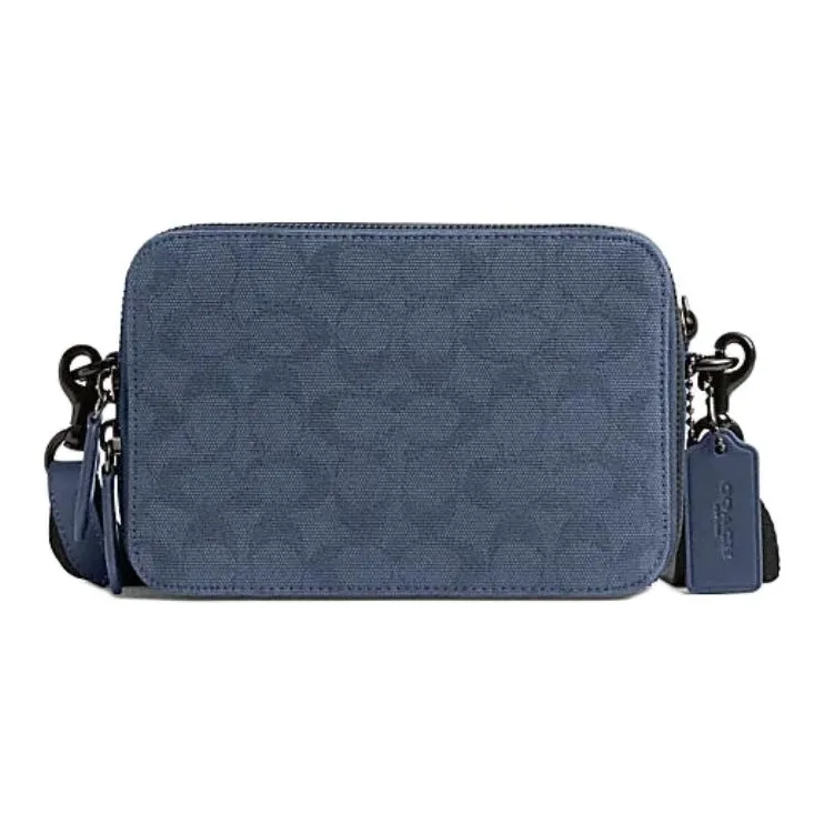 COACH Charter Fabric Cow Leather Patchwork Shoulder Bag Crossbody Bag Small Size Men's Machine Washable Blue Fabric