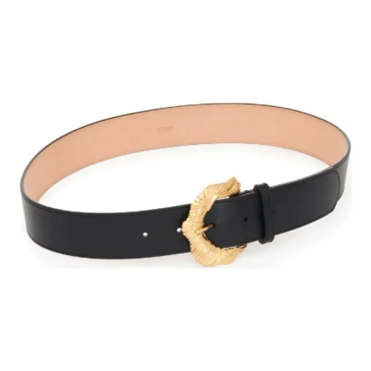 Chloe Handmade Textured Floral 'C' Shaped Pin Buckle Calfskin Brass Leather Belts Women's Black Width 3.5CM