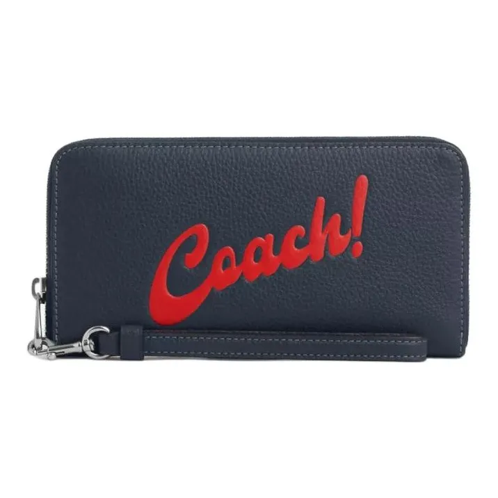 COACH Zip Around Refined Pebble Pattern Leather Wallet Trumpets Women's Silver Panel Denim