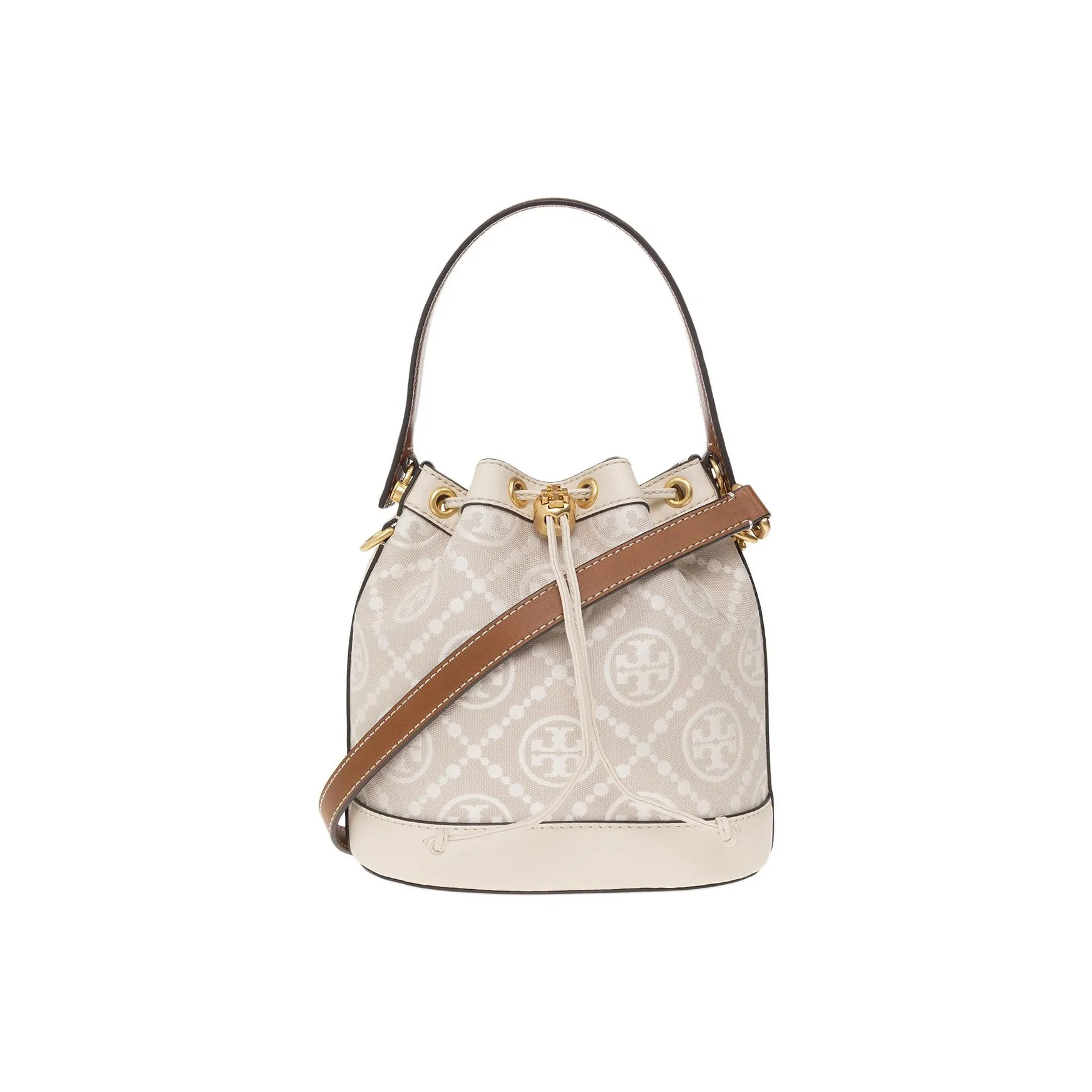 TORY BURCH T Monogram Embossed Logo Bucket Bag Almond White