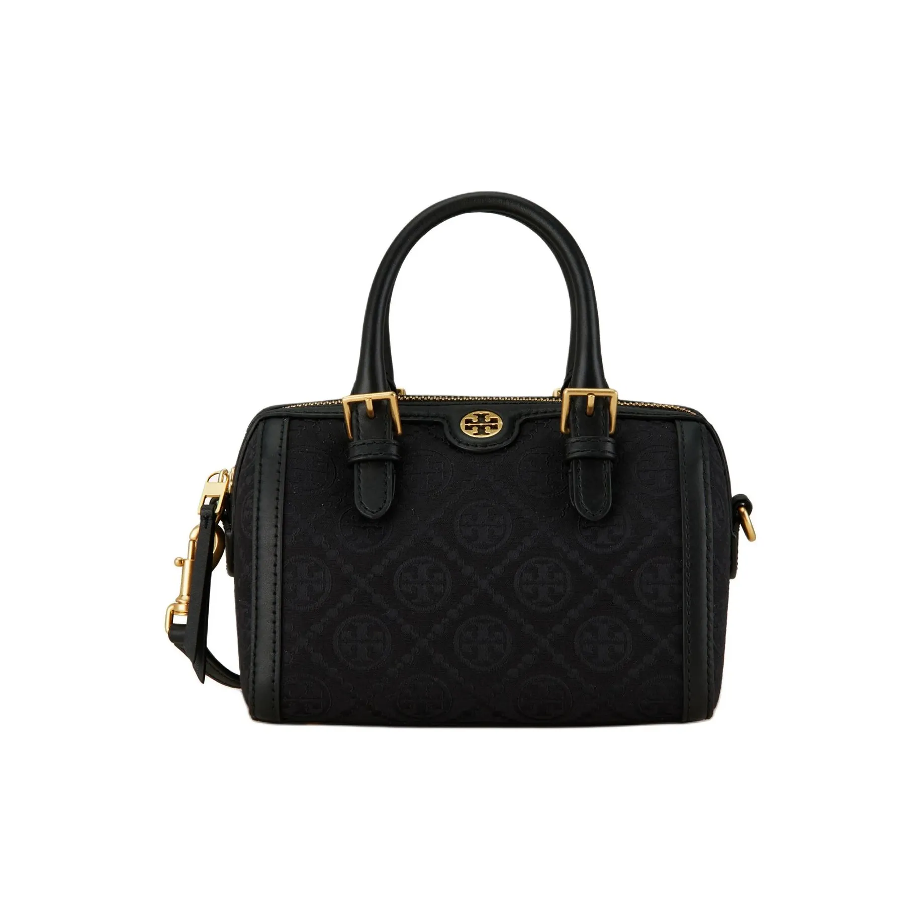 TORY BURCH T Monogram Fabric Cow Leather Patchwork Barrel Bag Handbags Shoulder Bags Small Size Women's Black