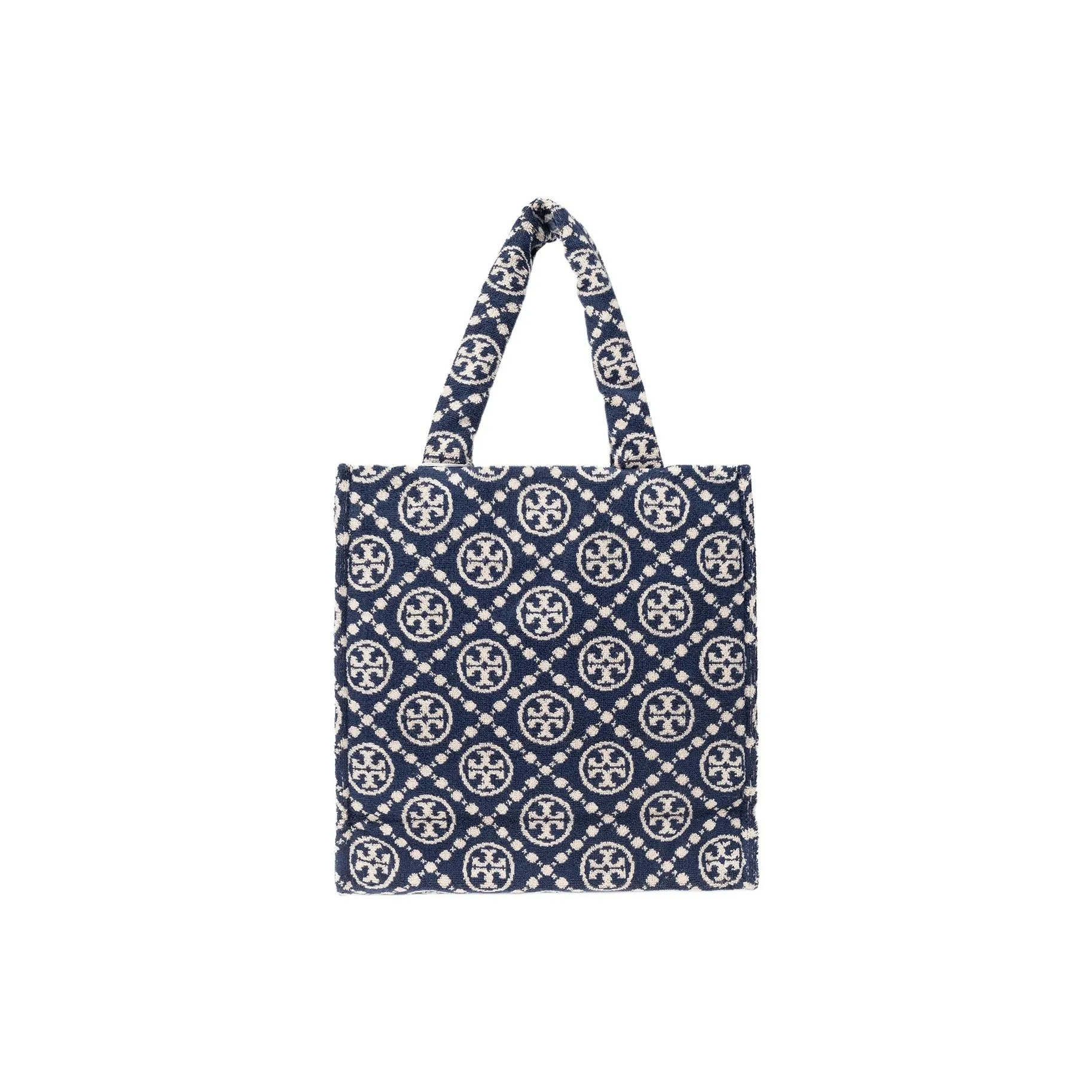 TORY BURCH T Monogram Terry Cloth Cotton Blend Fabric Tote Bag Shopping Bag Handbag Shoulder Bag Women's Marine Blue
