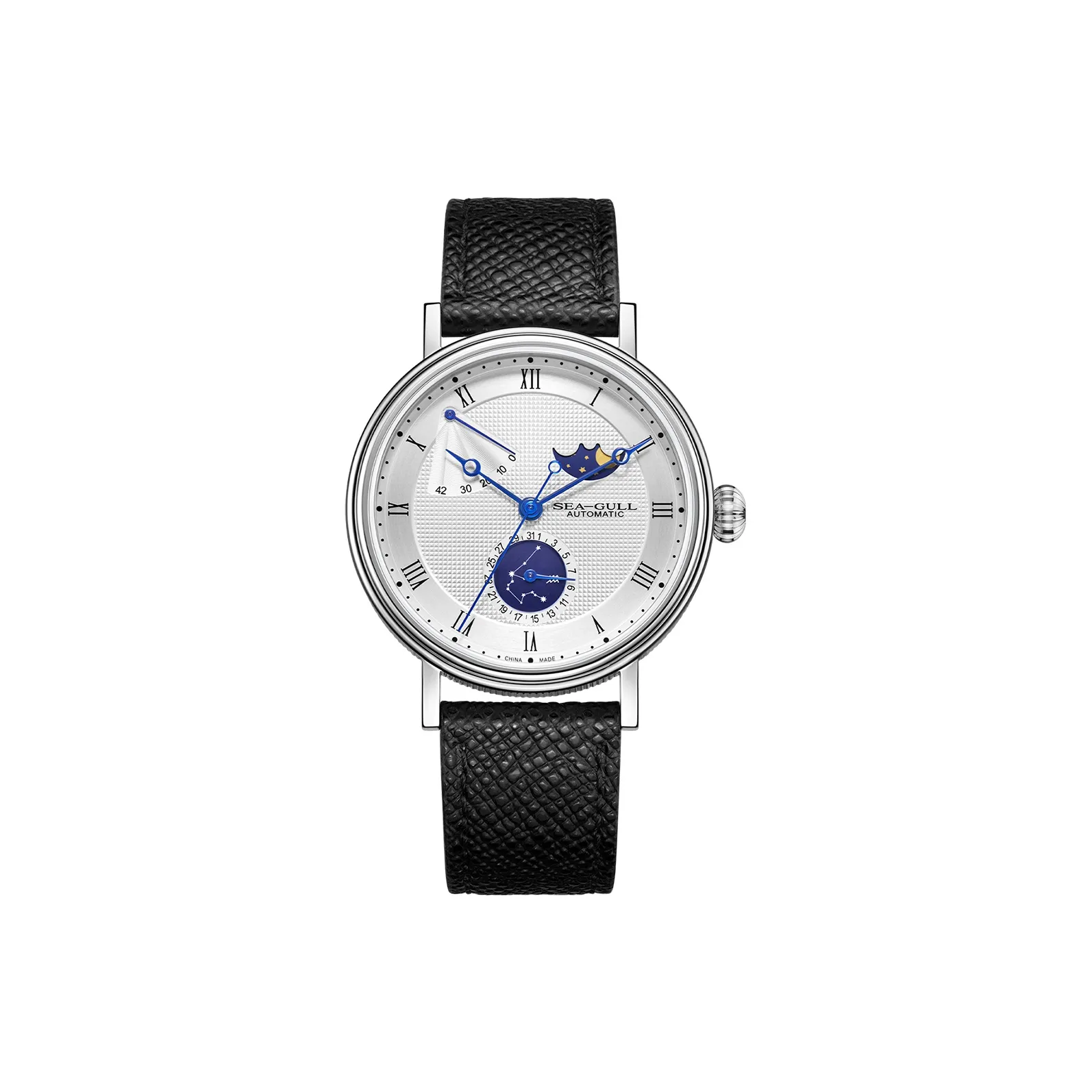 Sea Gull Автоматический Механический Механизм Естественная Кожа Ремешок Часы Мужские Серебристый Циферблат