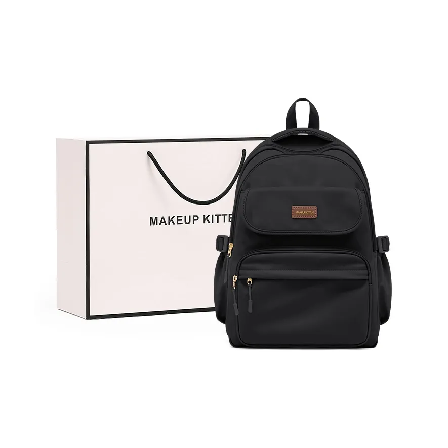 MAKEUP KITTEN Nylon Fabric With Synthetic Leather School And Work Travel Bag Backpack Regular Unisex Black/Khaki