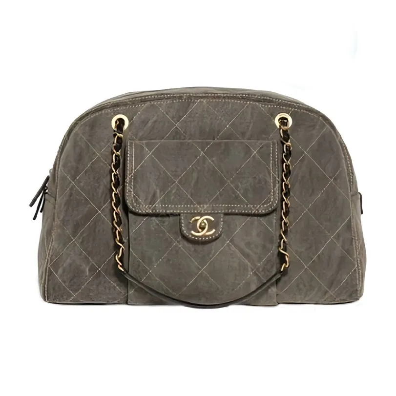 CHANEL Washed Denim & Gold Metal Bowling Bag, Handbag Women's Taupe