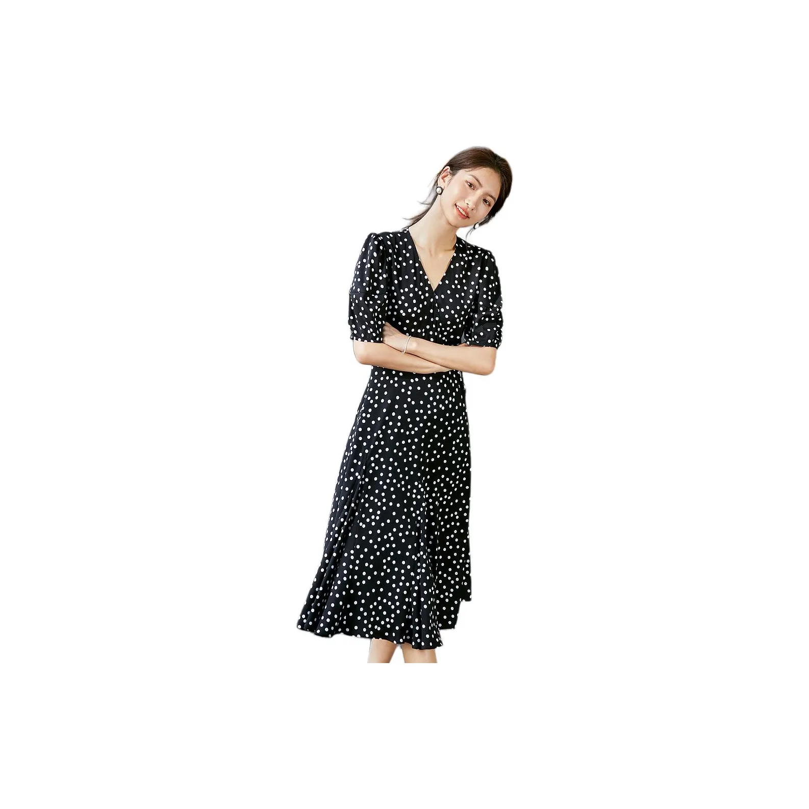 Hopeshow Short Sleeved Dress Women's Black With White Dot