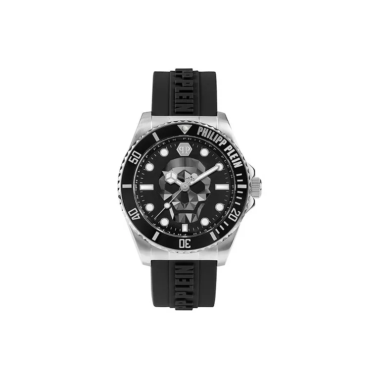 PHILIPP PLEIN Наручные часы Кварцевый механизм Силиконовый ремешок 44 мм Черный циферблат Мужские часы