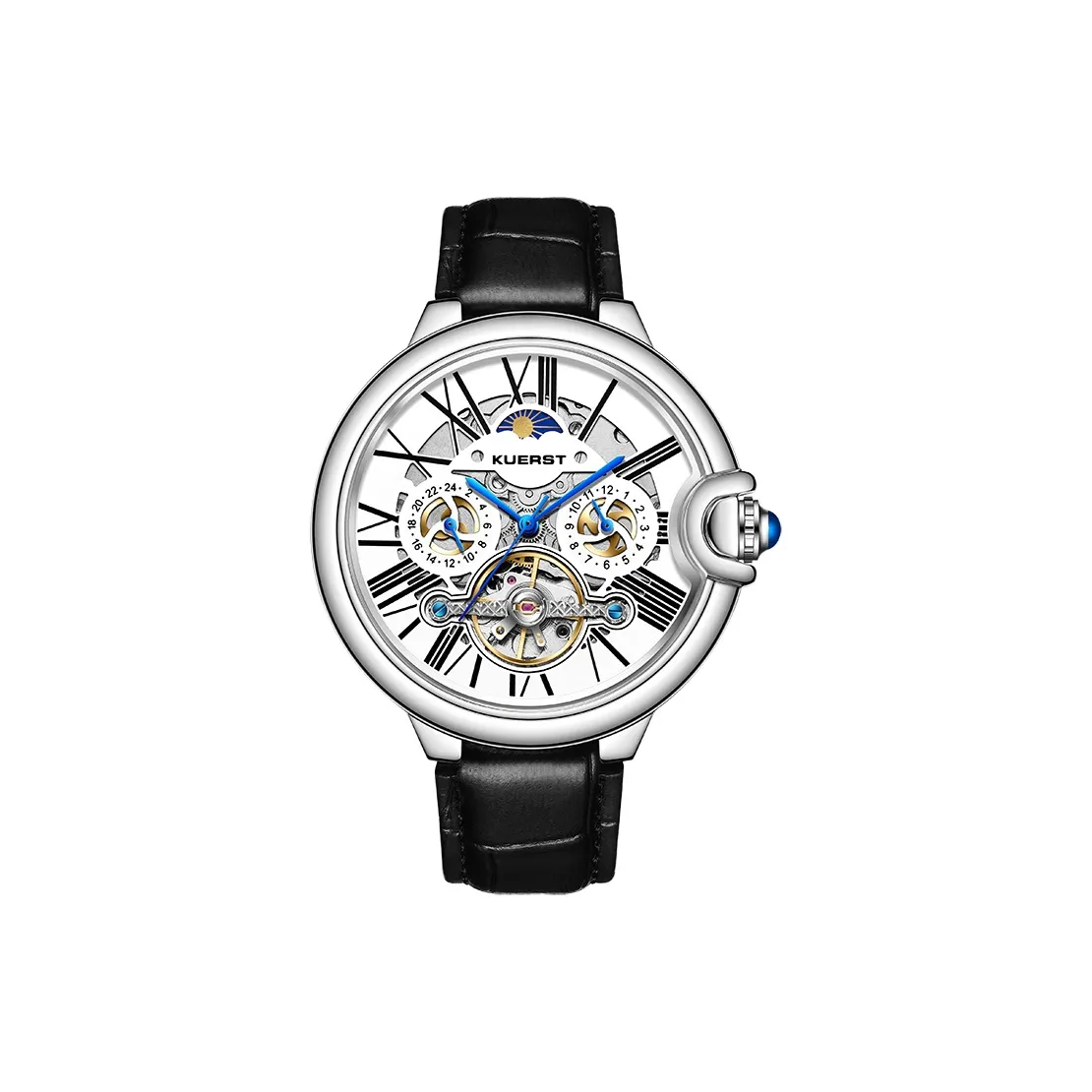KUERST Automatic Mechanical Movement Genuine Leather Strap Men's Watches White Dial