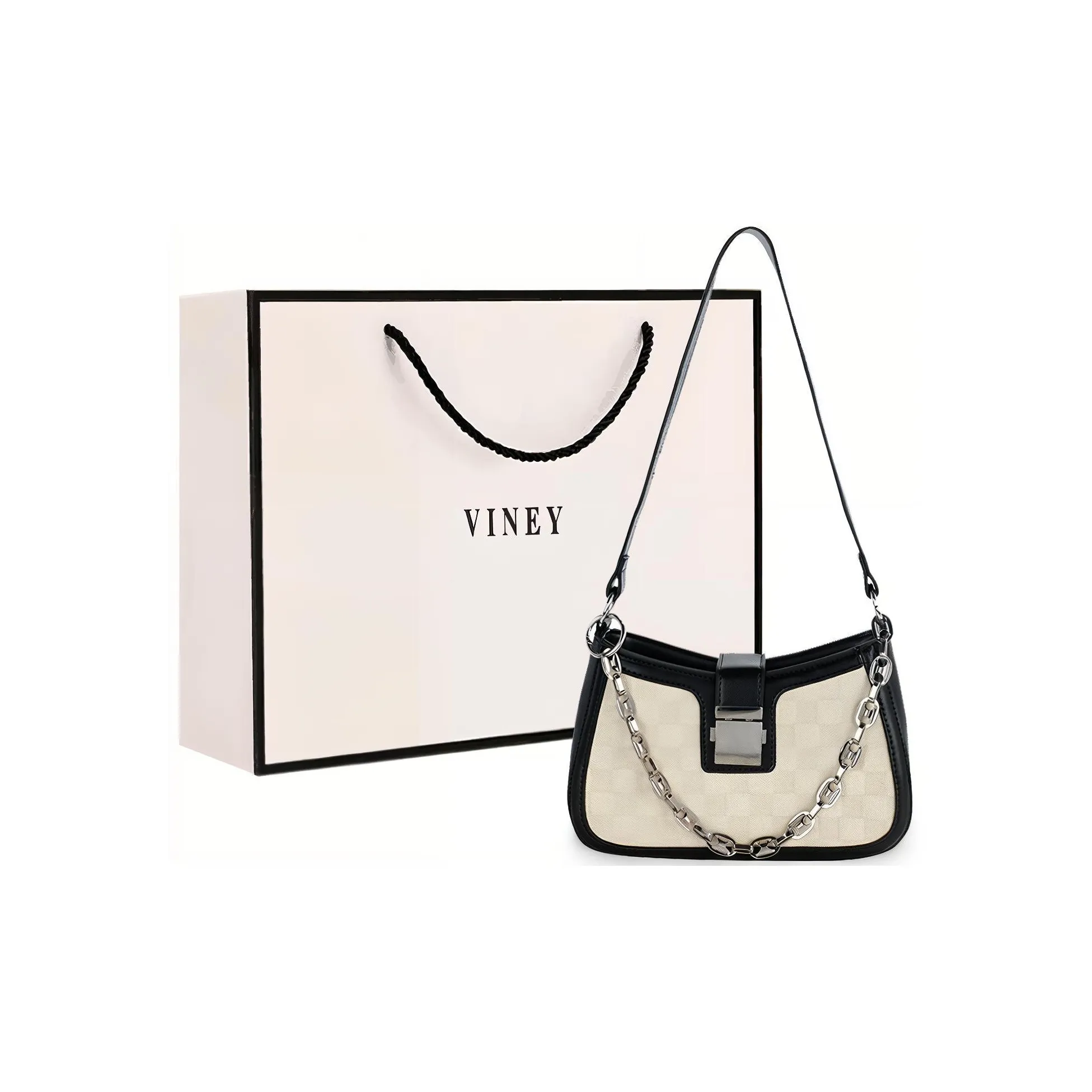 VINEY Synthetic Leather Shoulder Bag Crescent Bag Small Size Women's Ecru