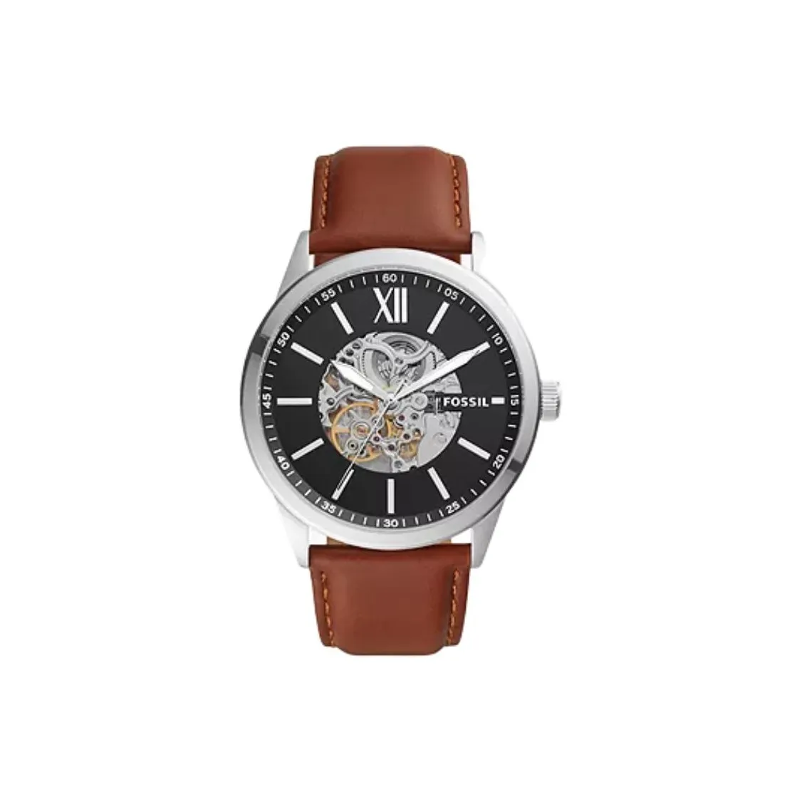 FOSSIL Flynn Collection Wrist Watch Automatic Mechanical Movement Leather Strap 48mm Black Dial Men's Watches