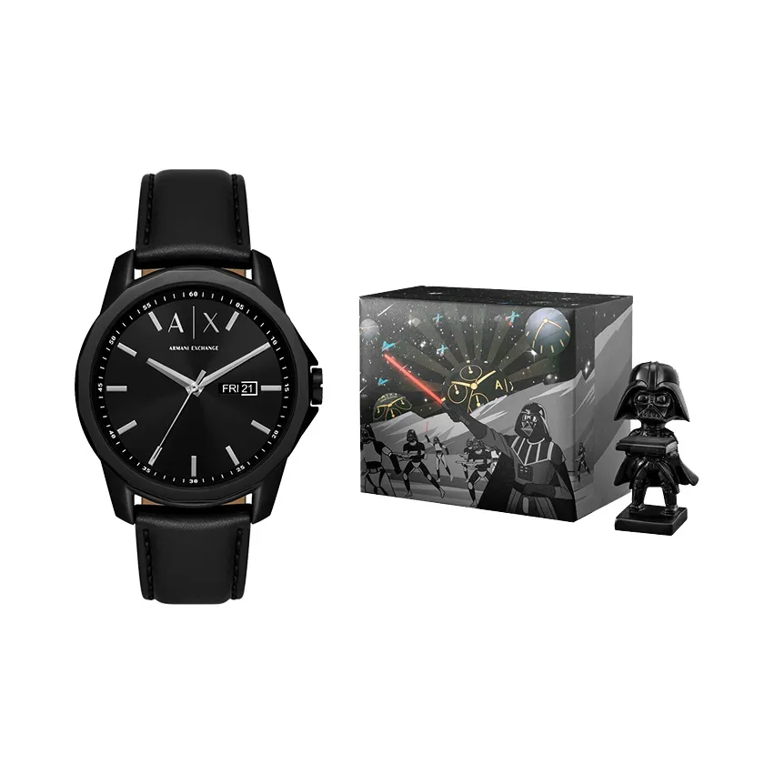 ARMANI EXCHANGEAE Darth Vader Наручные часы Кварцевый механизм Кожаный ремешок 44 мм Черный циферблат Мужские часы Коробка