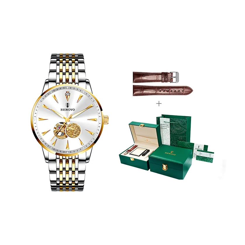 RENOVO Automatic Mechanical Movement Stainless Steel Watchband Watch Men's Watches White Dial