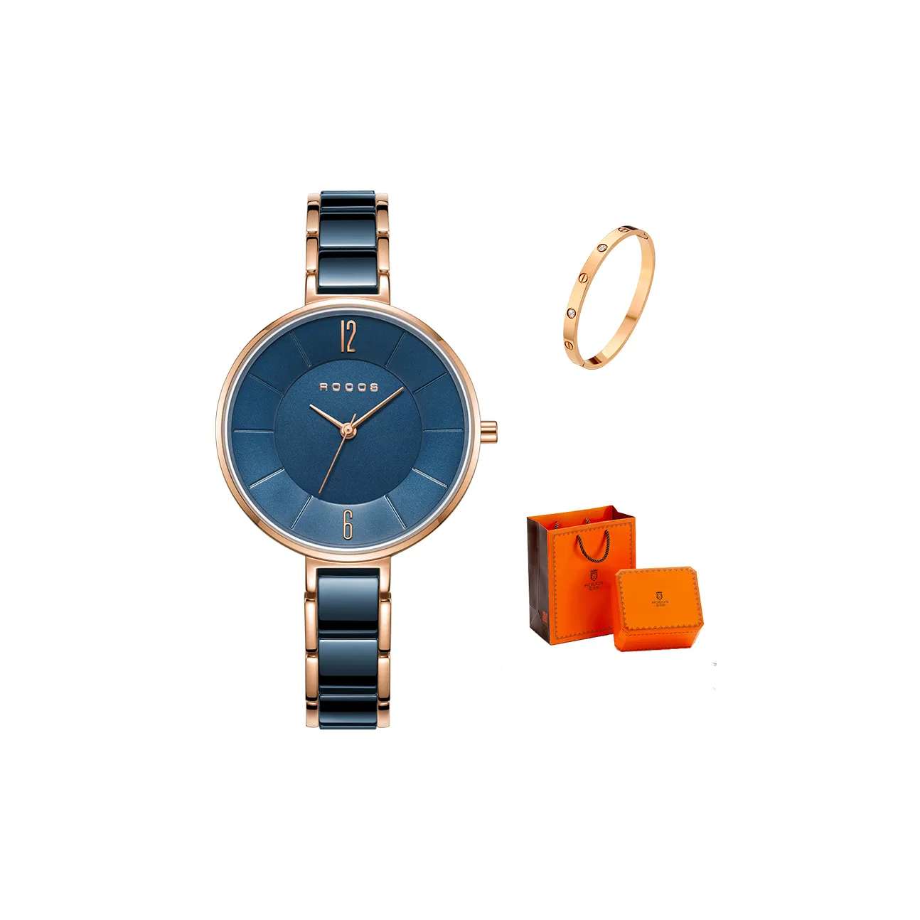 ROCOS Yueji Series Кварцевый механизм Керамика Ремешок Часы Женские Часы Синий циферблат