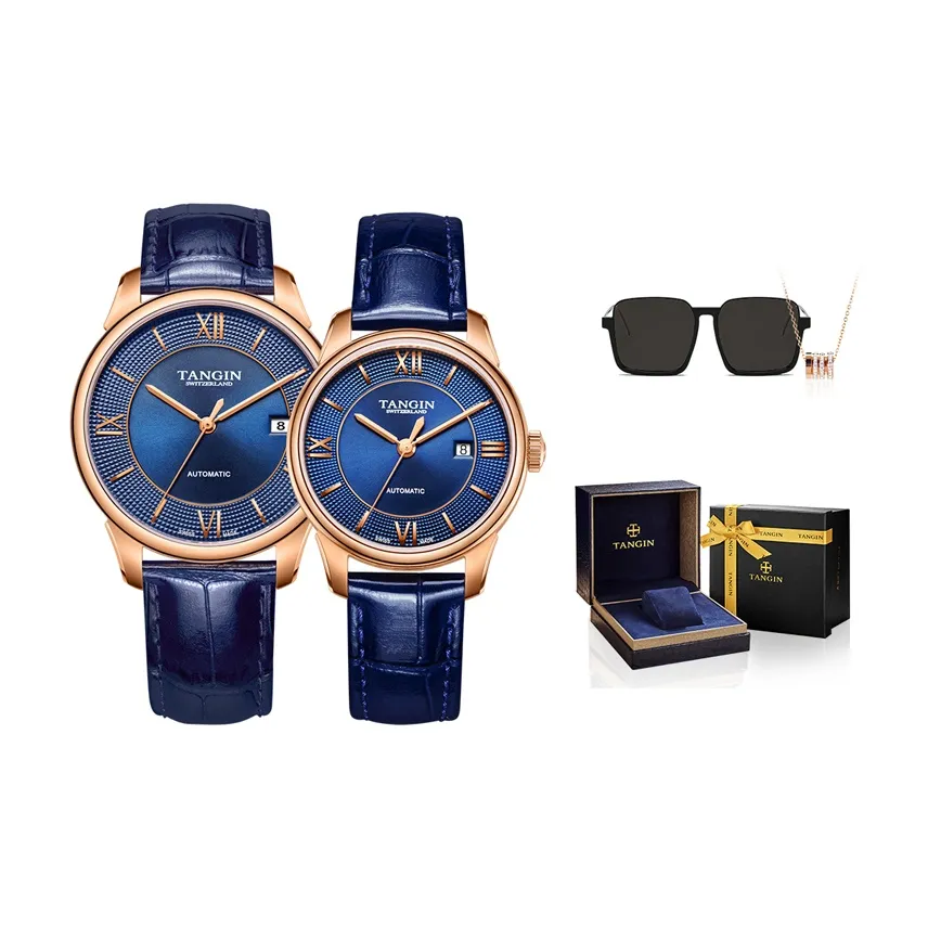 TANGIN Segru Series Automatic Mechanical Movement Unisex Watch 39mm 39 Blue Dial Genuine Leather Strap