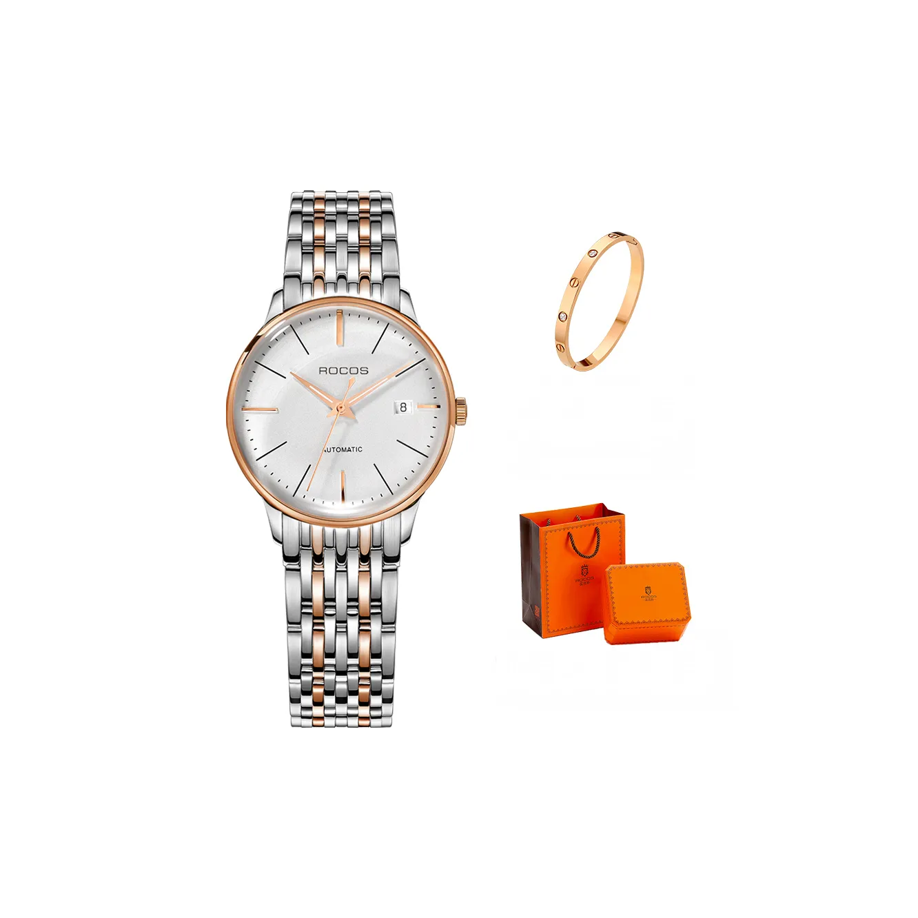 ROCOS Wind Style Collection Automatic Mechanical Movement Steel Strap Watch Women's Watch White Dial