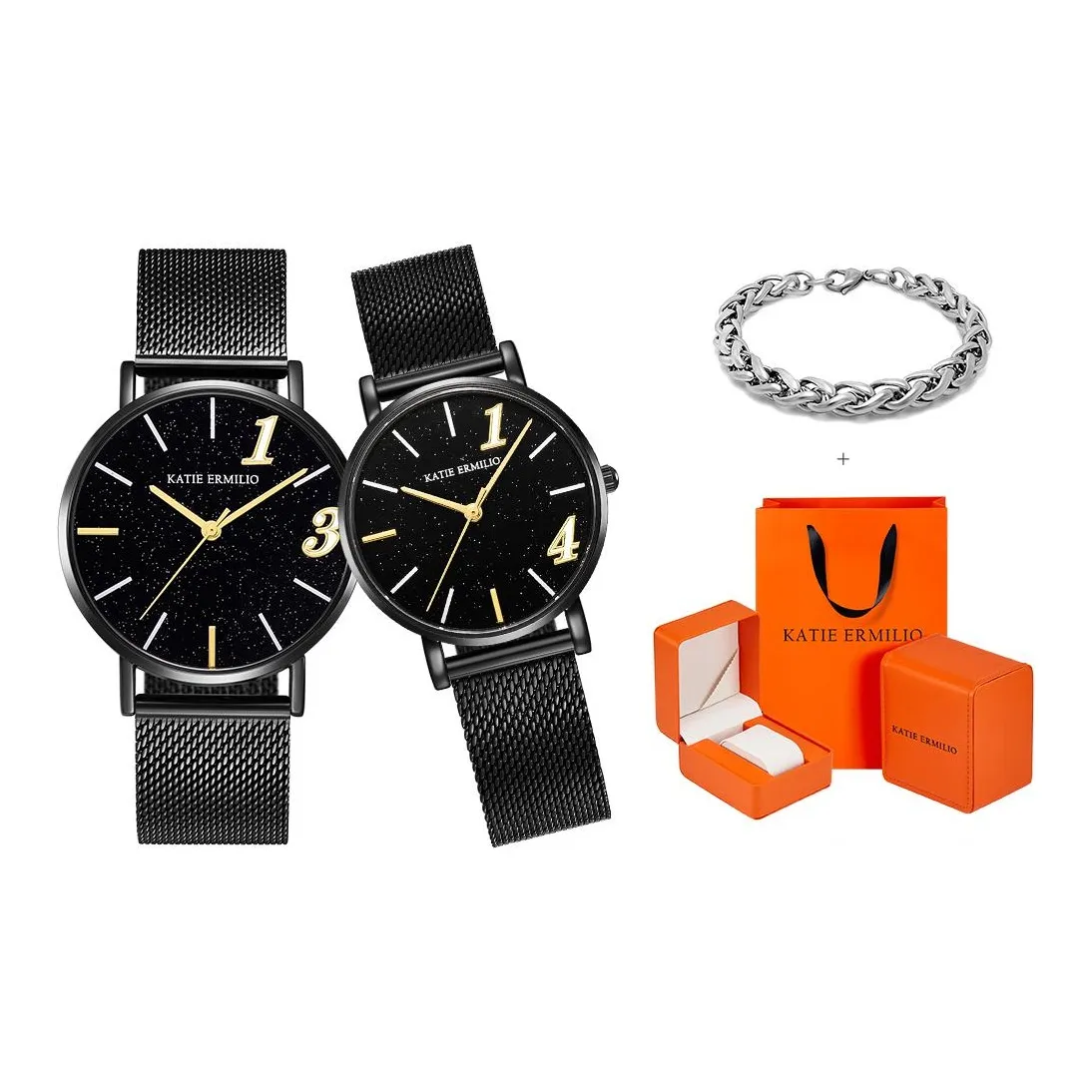 Katie Ermilio Watch Кварцевый механизм Нержавеющая сталь Ремешок Черный циферблат Унисекс