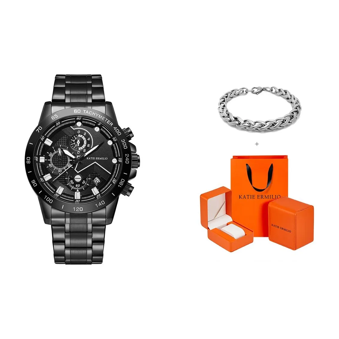 Katie Ermilio Leader Наручные часы Кварцевый механизм Нержавеющая сталь Ремешок 44 мм Черный циферблат Мужские часы