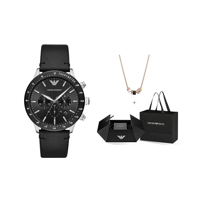 EMPORIO ARMANI Round Watch Dial Collection Мужские часы Кварцевый механизм Кожаный ремешок Черный циферблат