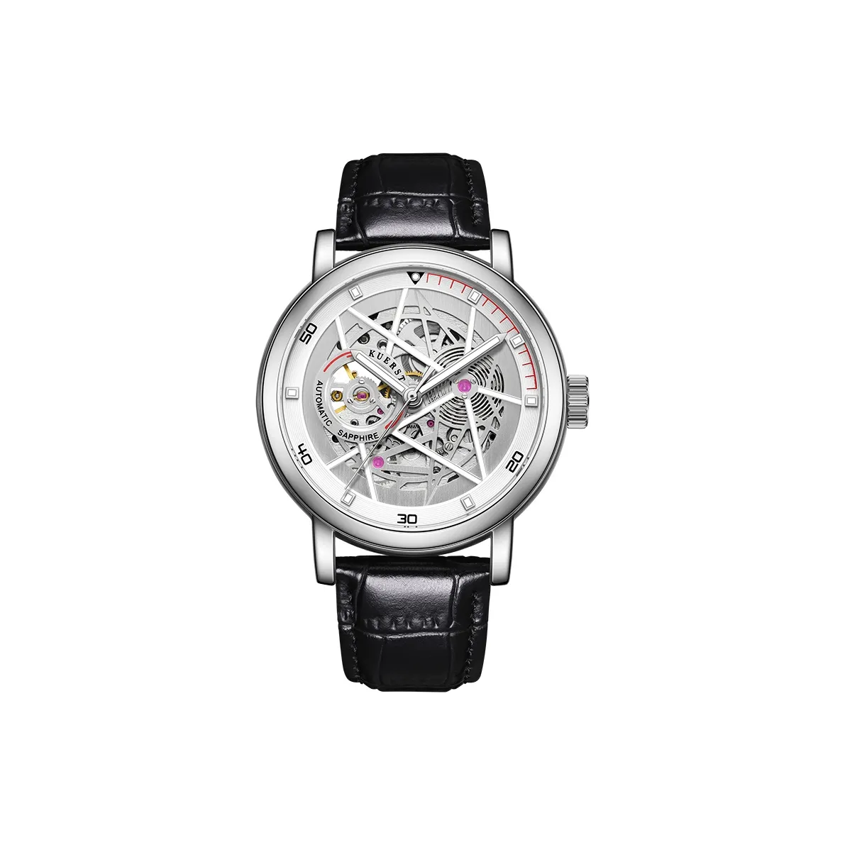 KUERST Mechanical Movement Cow Leather Strap Watch Men's Watches Silver Dial