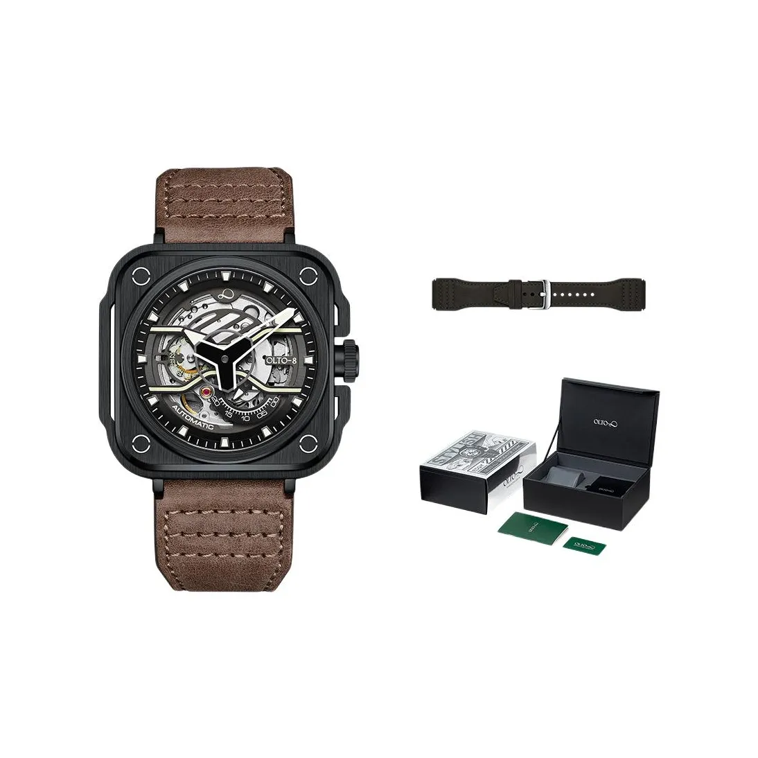 OLTO 8 EX Navigator Collection Wrist Watch Automatic Mechanical Movement Genuine Leather Strap Black Dial Men's Watches
