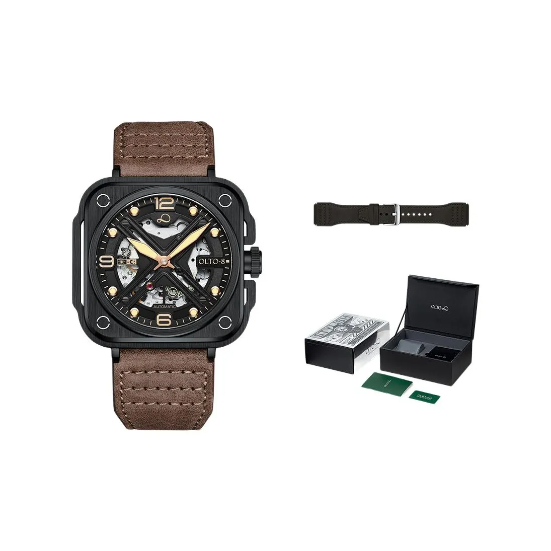 OLTO 8 X Navigator Collection Wrist Watch Automatic Mechanical Movement Genuine Leather Strap Black Dial Men's Watches