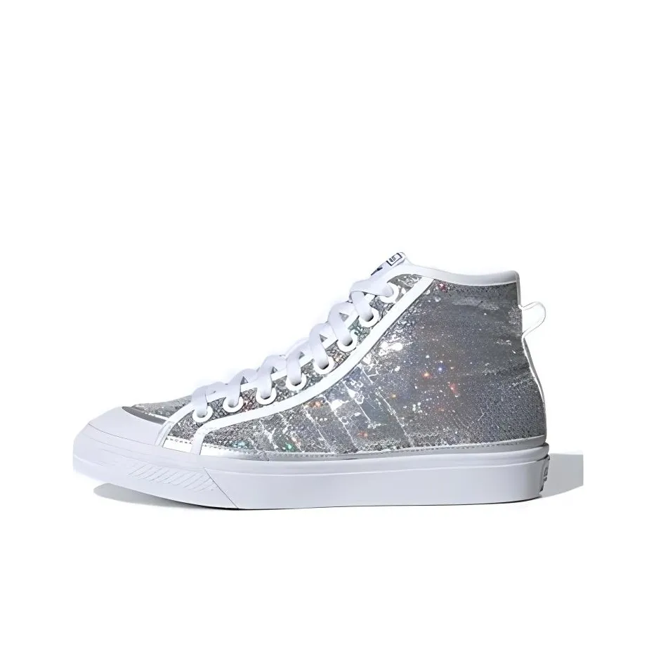 Adidas Originals NIZZA Series Высокая Нескользящая Носка Легкий MID Топ Скейтборд Кроссовки Женские Искрящийся Серебряный