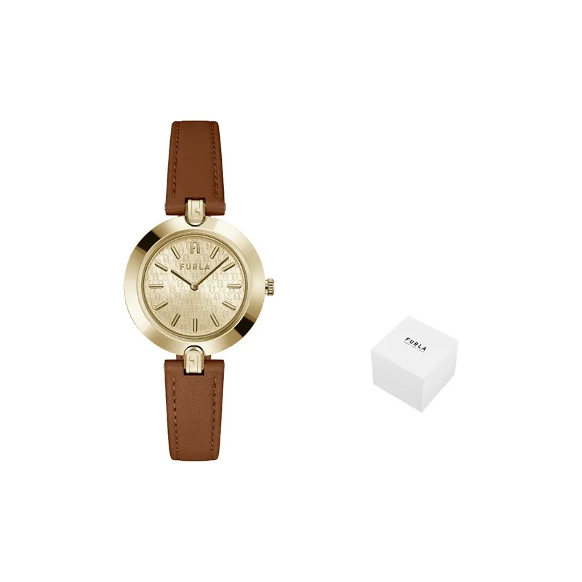 Furla Наручные часы Кварцевый механизм Натуральная кожа Ремешок Золотой циферблат Женские часы