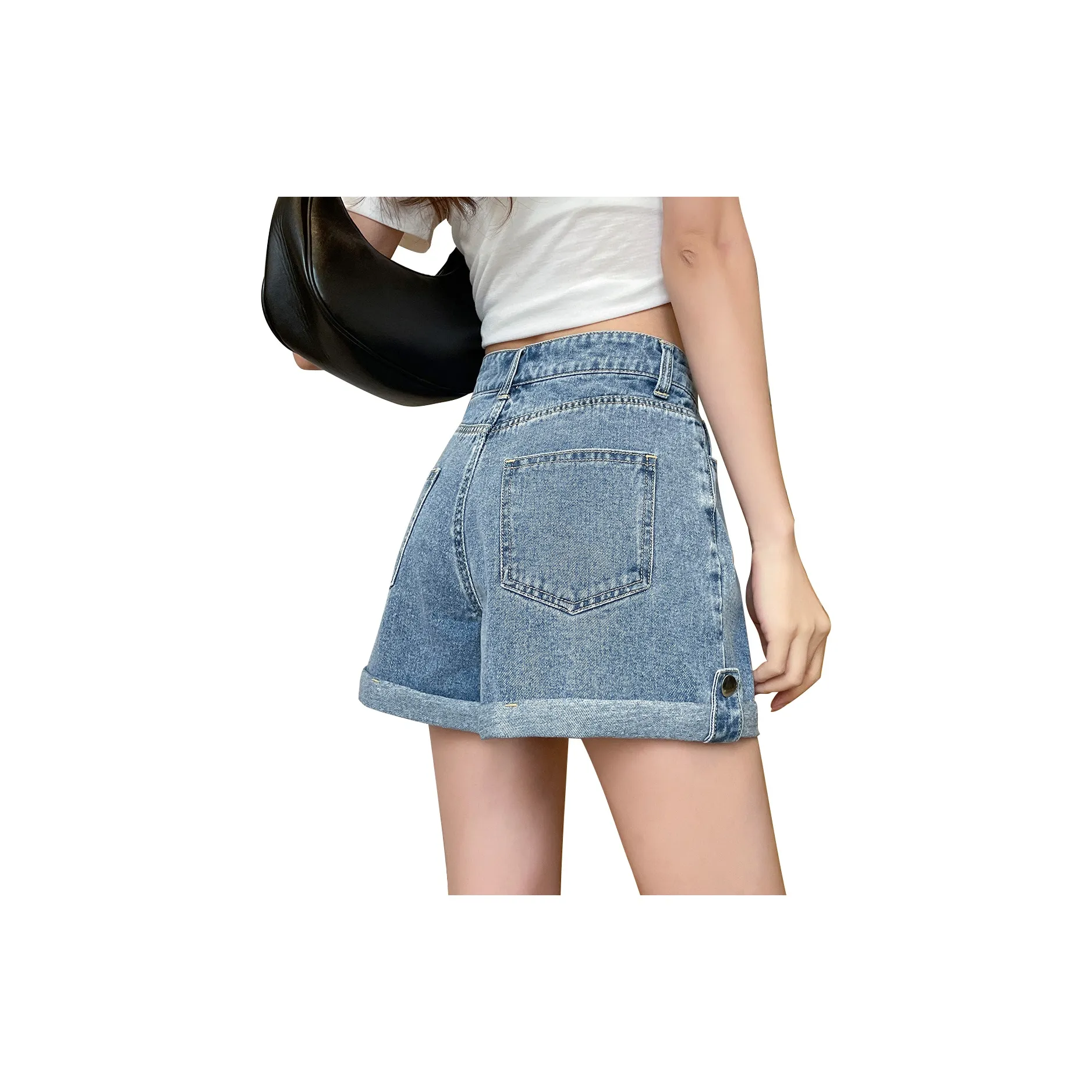 JEANSWEST American Vintage Washable Flared Loose Fit High Rise Versatile Casual Petite Summer Women's Light Blue