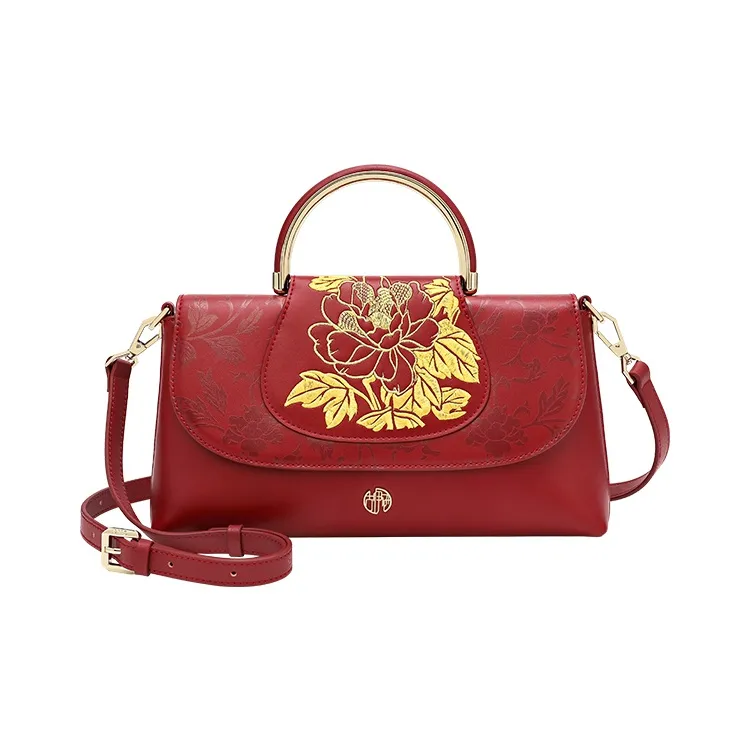 Ancient Yi Xi Коровья кожа Premium Embroidery Одно плечо Сумка Китайская юбка с узором "конское лицо" Сумка Женские Рубиново-красный