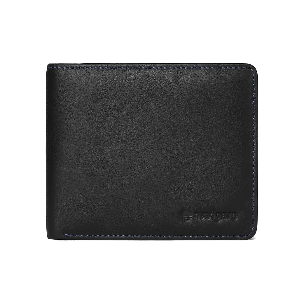 NAVIGARE Top Grain Cow Leather Wallet Money Clip Card Holder Unisex Black