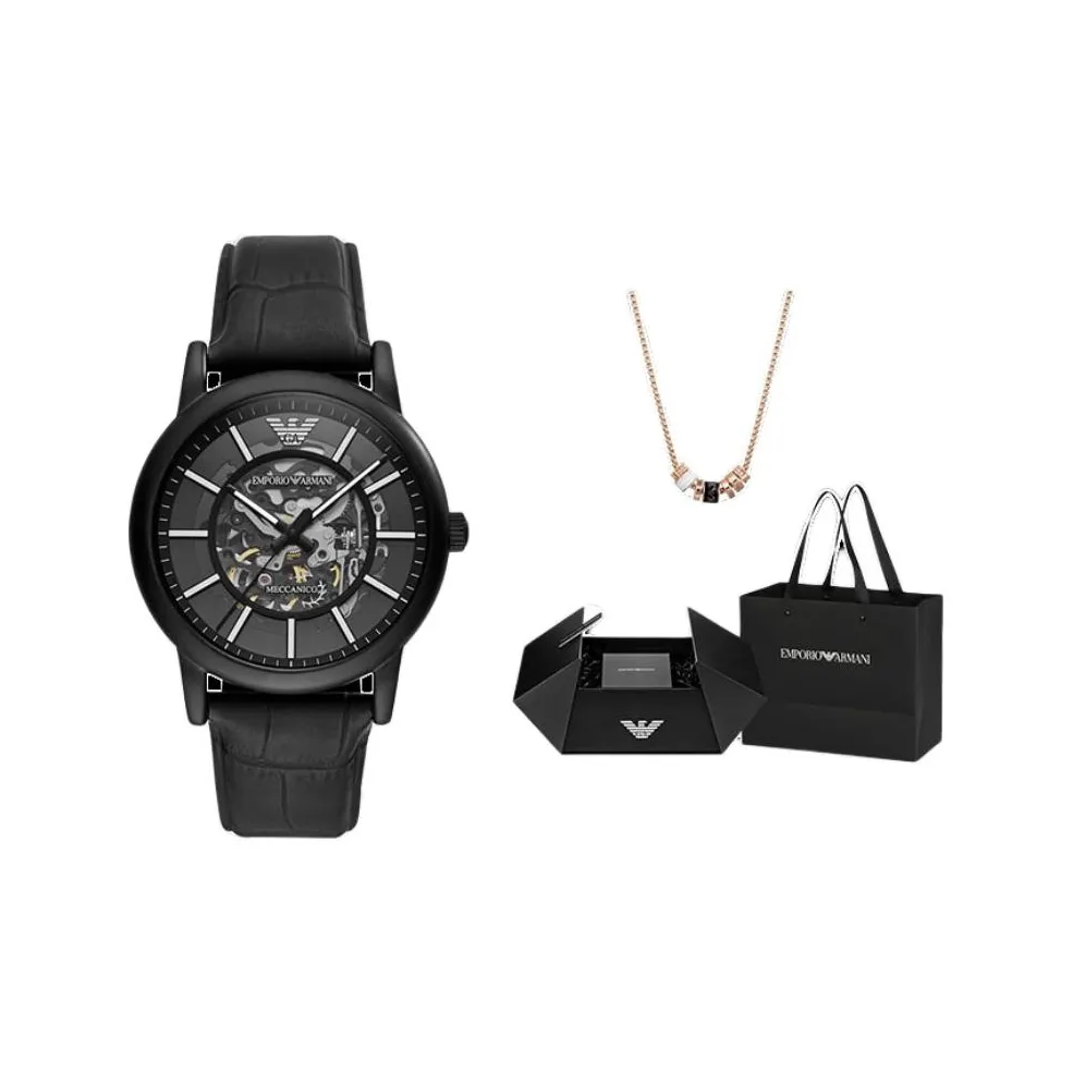 EMPORIO ARMANI Wrist Watch Mechanical Movement Genuine Leather Strap Cut Out Dial Men's Watches
