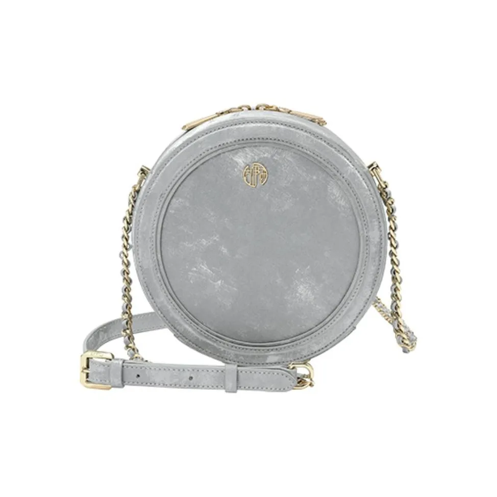 Ancient Yi Xi Коровья кожа Маленькая круглая сумка Сумка Сумка через плечо Сумка через плечо Женская Иней Серебряный