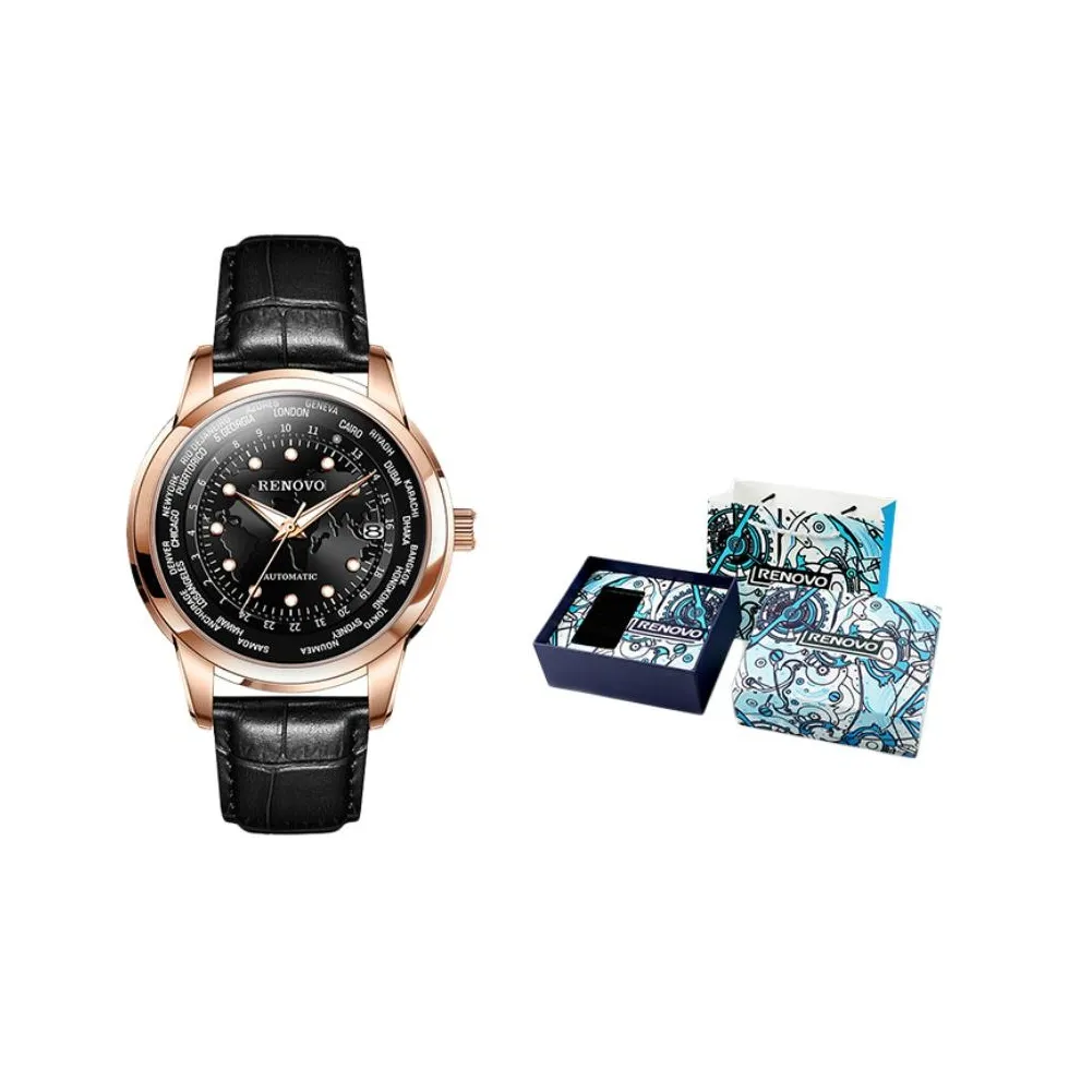 RENOVO Star Collection Mechanical Movement Leather Watch Bands Watch Men's Watches Black Dial