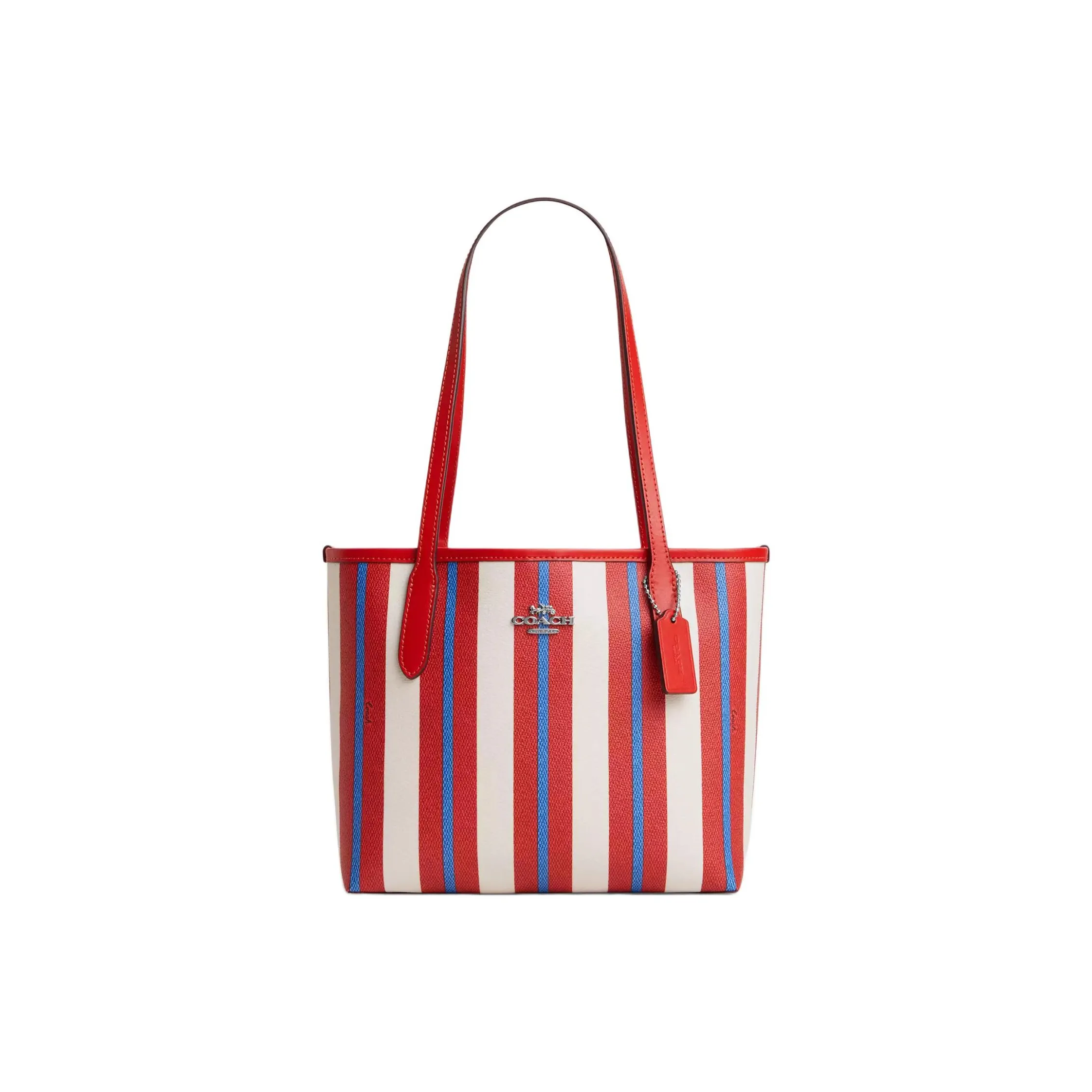 COACH Городская Холст с Покрытием и Гладкая Кожа Тоут Сумка Сумка для покупок Сумка на плечо Сумка среднего размера Женская Красная и Синяя