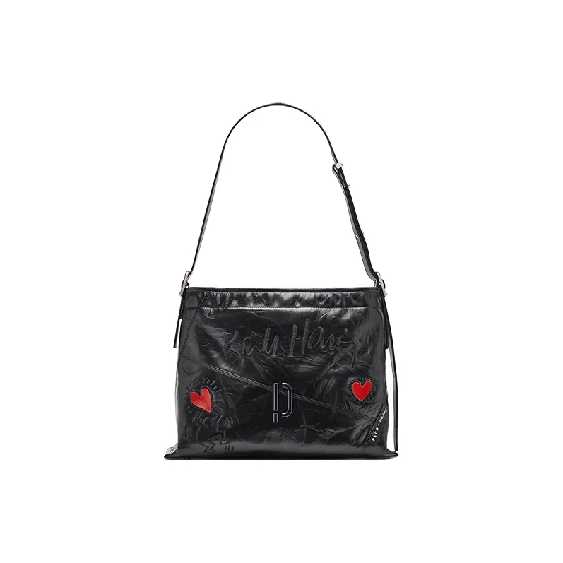 PECO 952Keith Haring Artist Collaboration Cow Leather Shoulder Bag Tote Regular Large Size Unisex Black/White