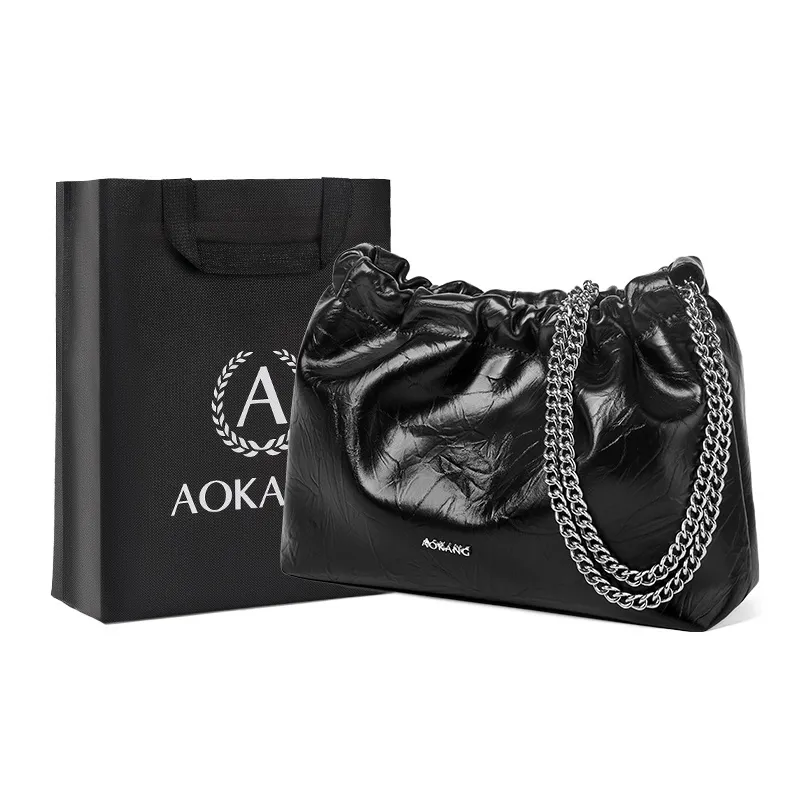 AOKANG Cow Leather Hobo Bag Bucket Bag Chain Bag Crossbody Bag Shoulder Bag Women's Classic Black/Chocolate/Milk White
