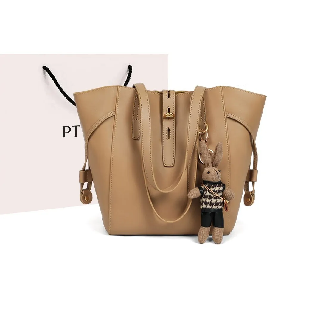 PT'SON Cow Leather With Synthetic Leather Tote Bag, Shoulder Bag, Handbag Women's Elderberry Brown/Khaki