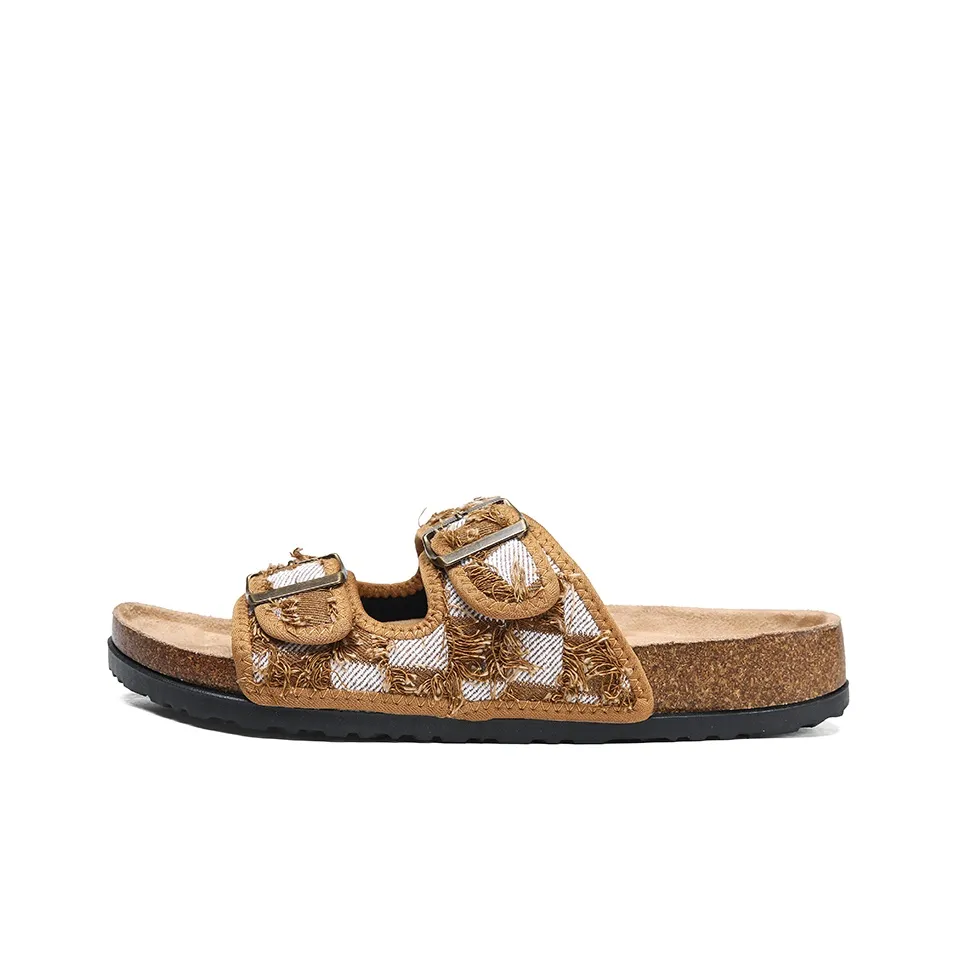 JIOUSHEN Cork Sole Cut-Out Fringe Slide Slippers Unisex