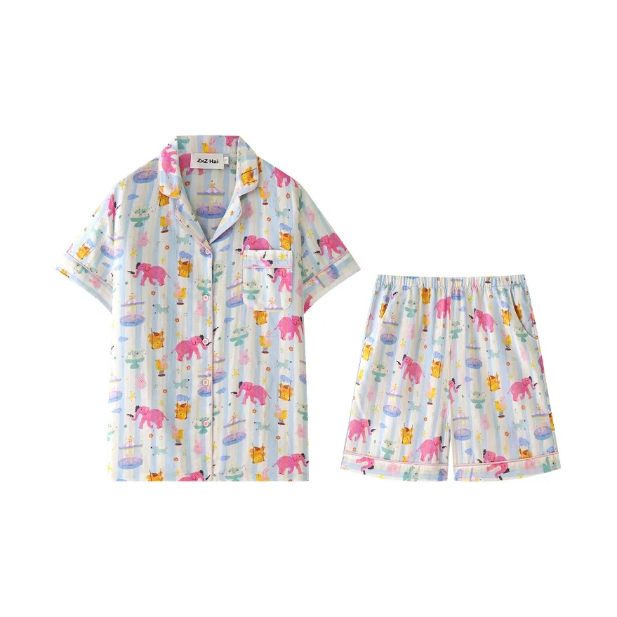Wabi Town 100% Cotton Short Sleeved Shirt Spring/Summer Cartoon Casual Pajama Set Women's Multicolor