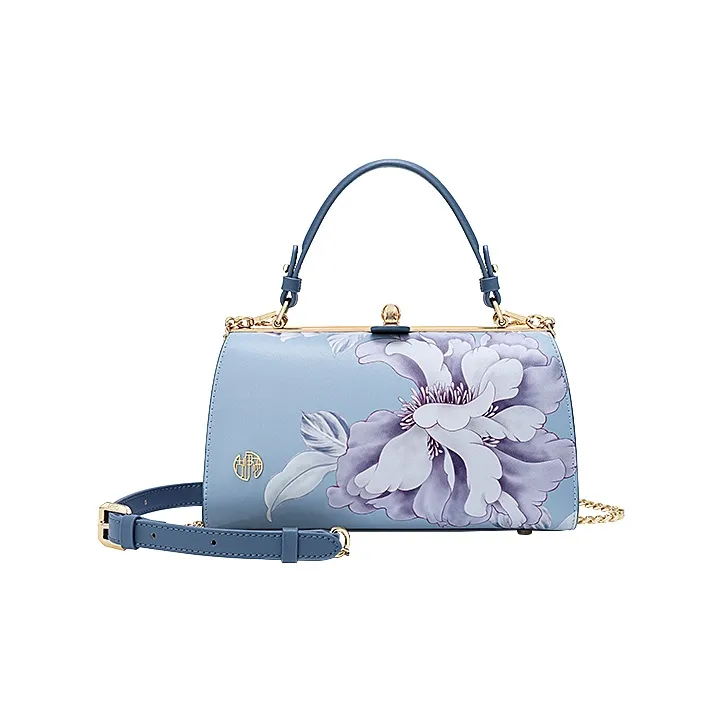 Ancient Yi Xi Cow Leather Cheongsam Hanfu Clips Gold Buckle Single Shoulder Handbag Women's Sunny Mountain Blue