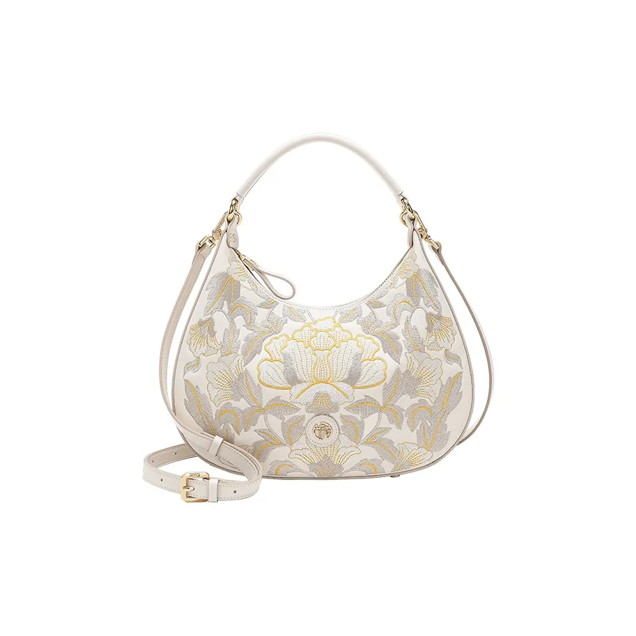 Ancient Yi Xi Коровья кожа Вышивка Чонсам Китайская юбка с узором "конское лицо" Сумка Цветочный Подмышечный Сумка через плечо Женская Экрю